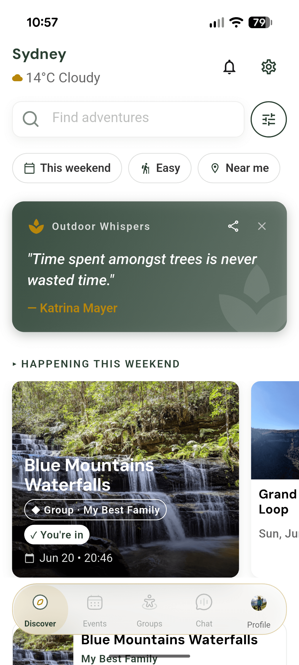 TrekMeet Discover screen — a feed of nearby outdoor adventures with weather, quick filters, and a featured Blue Mountains Waterfalls group hike this weekend.