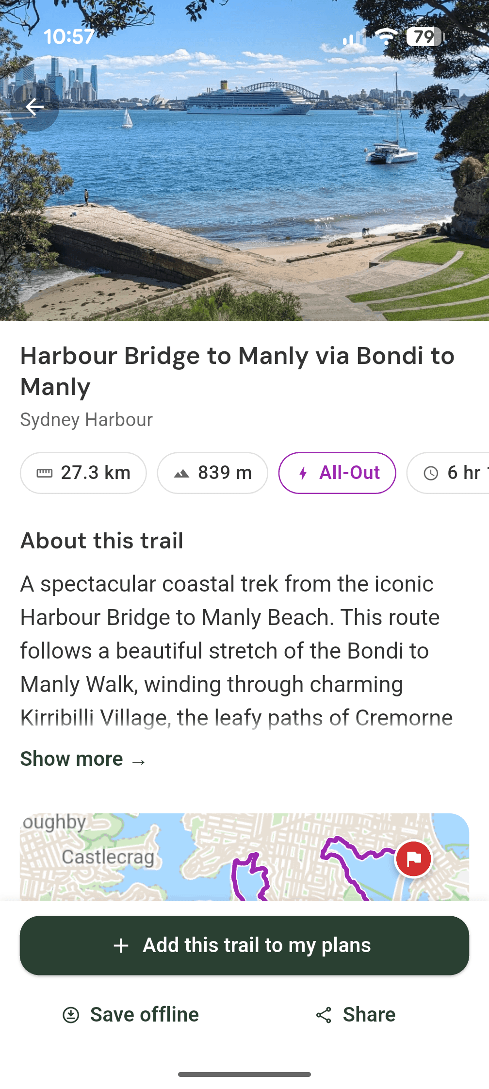 TrekMeet trail detail screen — the Harbour Bridge to Manly coastal trek showing distance, elevation gain, intensity and duration, with an 'Add this trail to my plans' button.
