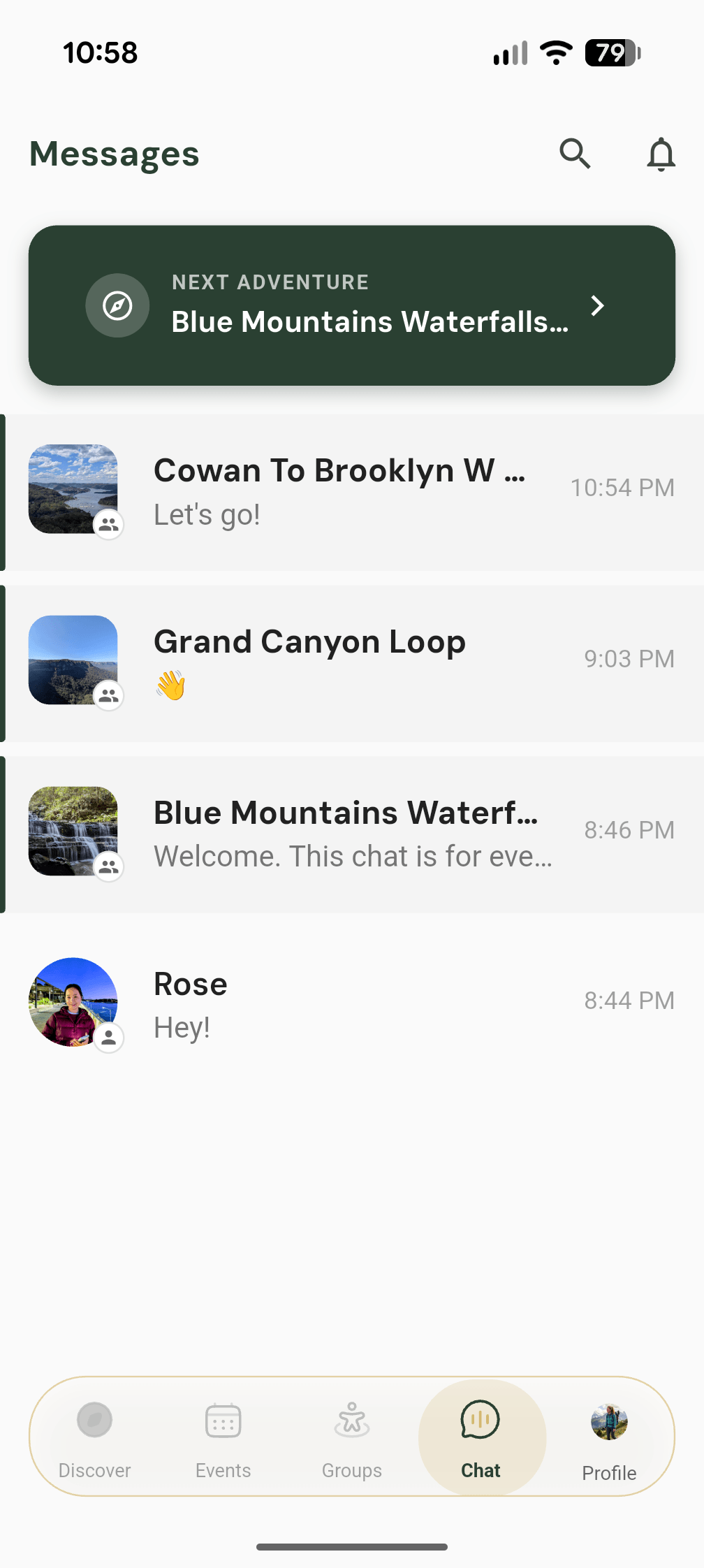 TrekMeet Messages screen — group chats for upcoming adventures with a 'Next Adventure' banner linking to the Blue Mountains Waterfalls hike.