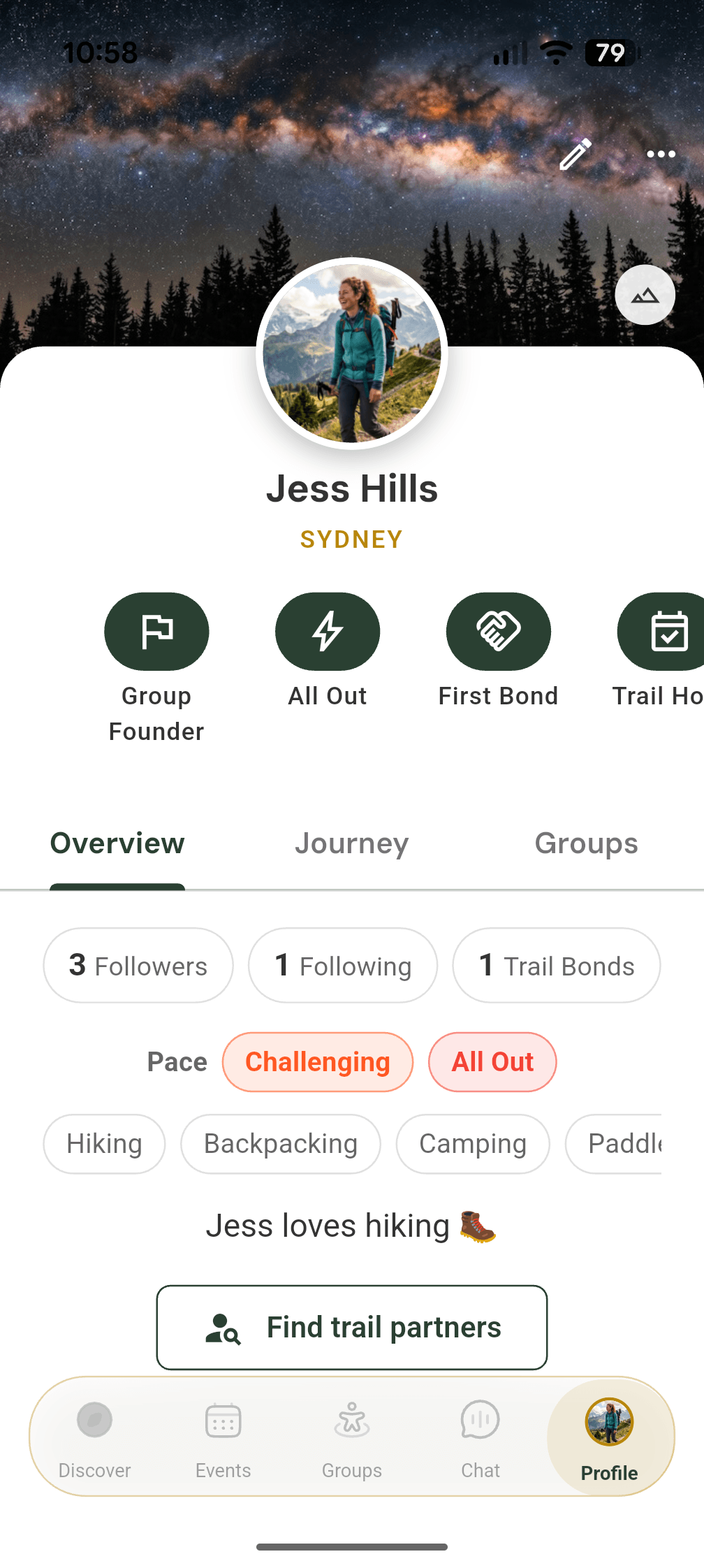 TrekMeet member profile — a Sydney hiker's profile with achievement badges, pace preferences, activity tags, and a 'Find trail partners' button.